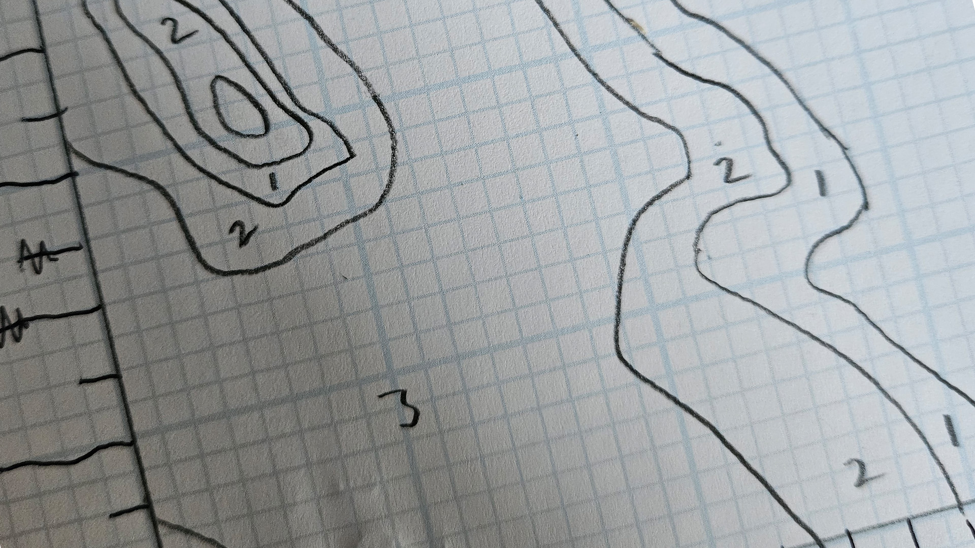 Hand-drawn terrain mapping used to translate digital topography into LEGO geometry